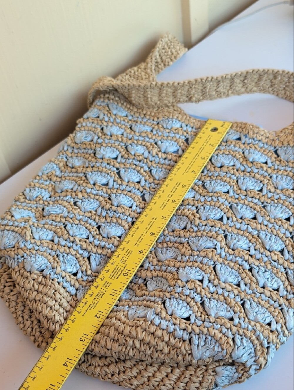 Woven Shoulder Bucket Bag in Natural and Light Blue - Picture 6 of 7
